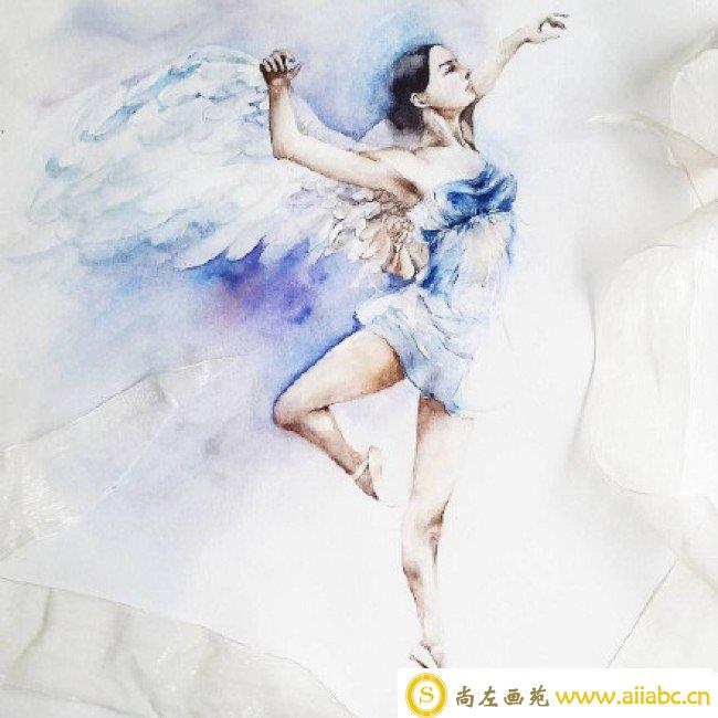 跳芭蕾的女生水彩画图片 穿芭蕾舞裙跳芭蕾的女生优美舞姿水彩画作品_