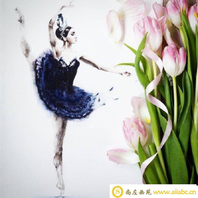 跳芭蕾的女生水彩画图片 穿芭蕾舞裙跳芭蕾的女生优美舞姿水彩画作品_