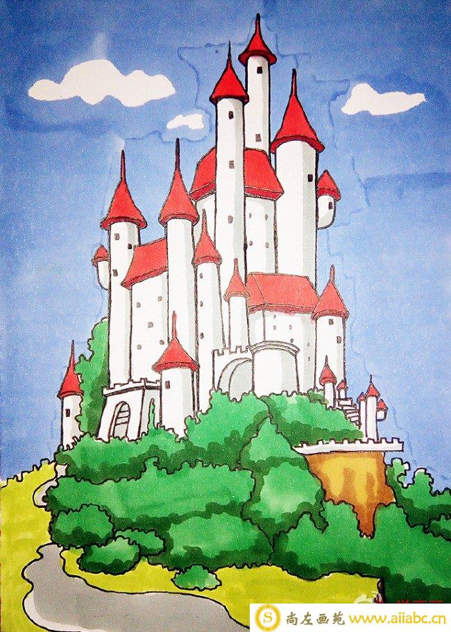 漂亮的城堡简笔画教程图片 城堡简笔画怎么画 城堡的画法 水彩城堡上色卡通画_