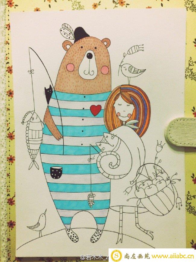 唯美女孩和熊的意境简笔画教程 带水彩上色步骤_
