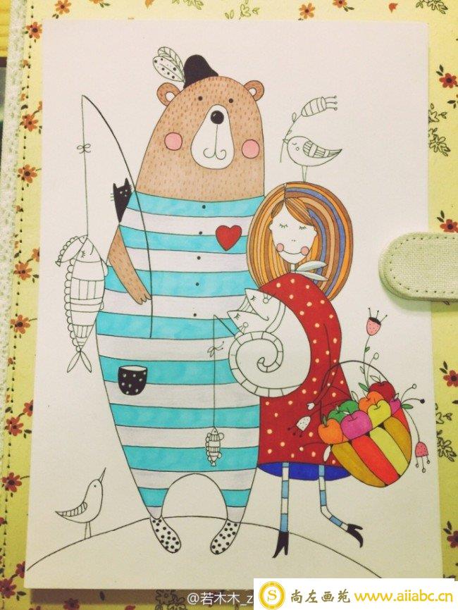 唯美女孩和熊的意境简笔画教程 带水彩上色步骤_