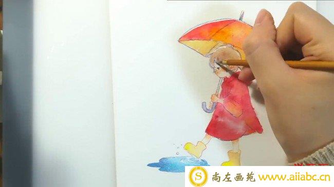 【视频】很适合新手练习的水彩手绘视频教程 速涂好看打伞的小女孩水彩画_