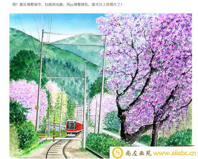 浪漫的樱花盛开列车驶过的水彩画上色教程 很唯美有意境_