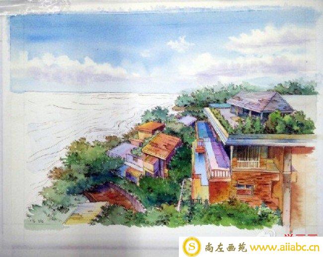 海边别墅建筑景观钢笔水彩画教程图片 带上色步骤 很美的环境_