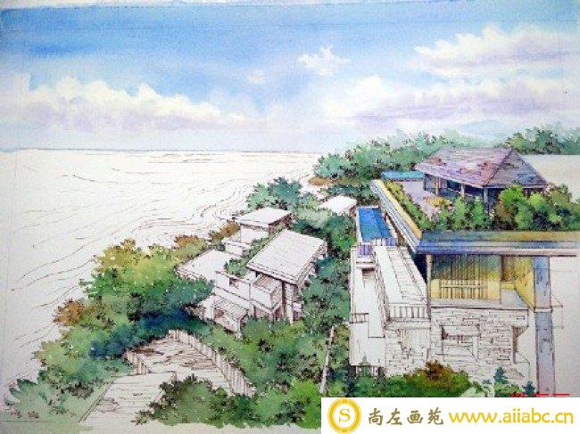 海边别墅建筑景观钢笔水彩画教程图片 带上色步骤 很美的环境_