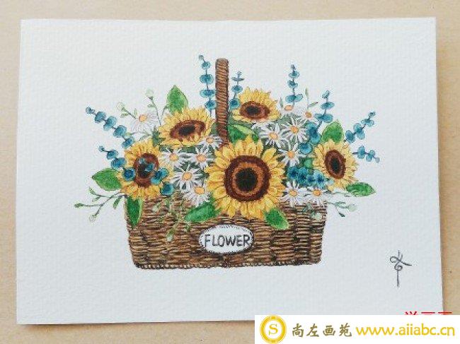 明媚的一篮子向日葵画水彩画图片 向日葵花篮手绘教程 向日葵水彩怎么画 画法_