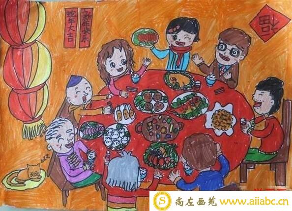 简单好看的春节一家人吃团圆饭儿童画/水彩画图片