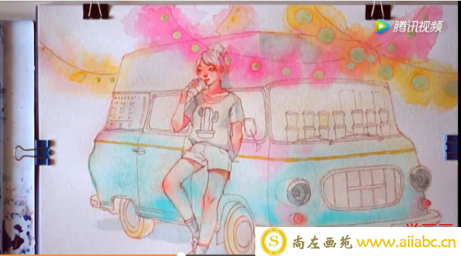 靠在巴车上的女孩超美水彩手绘教程_