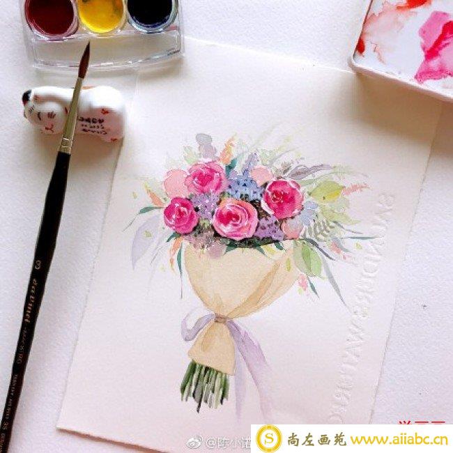 精美包装好的鲜花水彩画手绘教程图片 一束精美鲜花的水彩画画法 节日礼物_