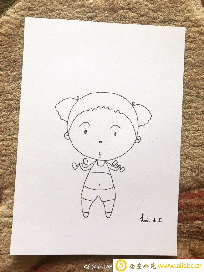 举哑铃健身的可爱小女生简笔画教程图片彩色 可爱肉肉女生_