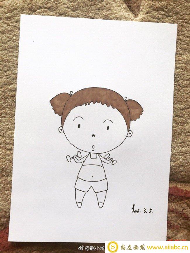 举哑铃健身的可爱小女生简笔画教程图片彩色 可爱肉肉女生_