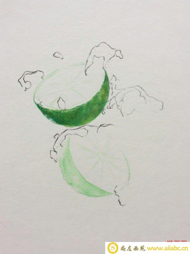 超震撼彩铅写实绿柠檬手绘教程过程图片作品 带水花的刻画表现_
