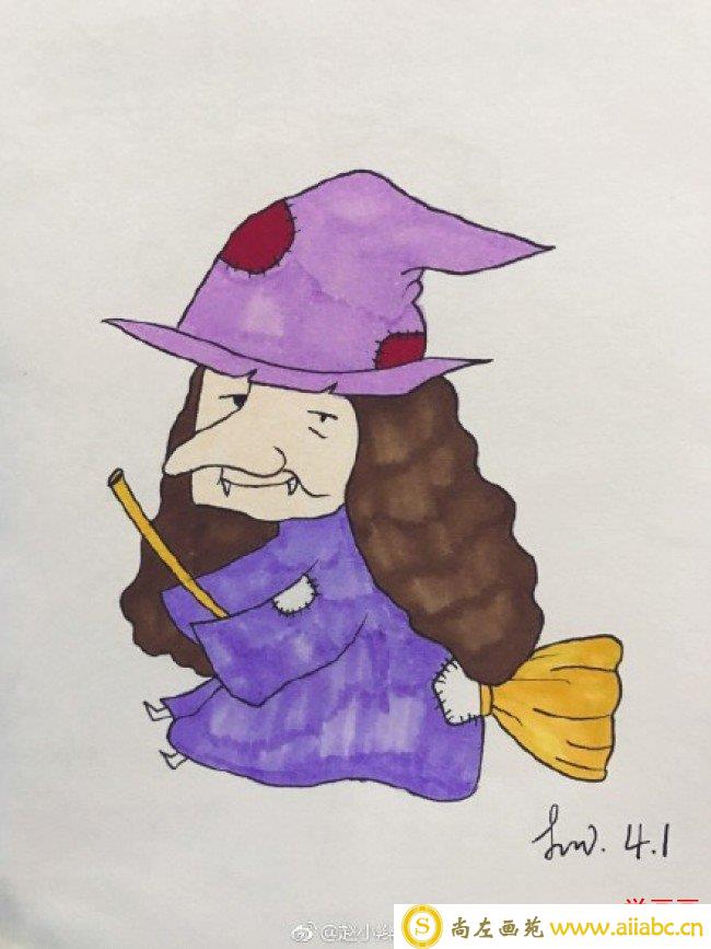 骑扫帚的老巫婆简笔画教程图片 老女巫的画法 女巫怎么画_