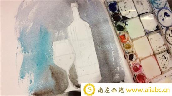 水彩画静物教程：手绘红酒杯和红酒瓶