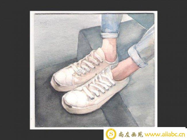 牛仔水彩帆布布鞋水彩画图片 运动鞋小白鞋手绘教程 帆布鞋怎么画 画法_