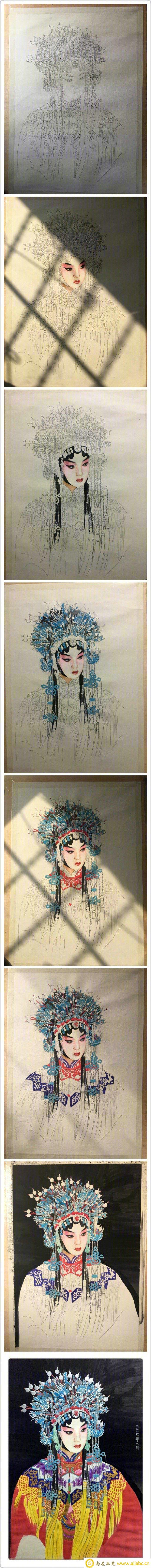 超美古装彩铅和水彩上色京剧戏服美女教程图片 根据真人照片写实 唯美意境_