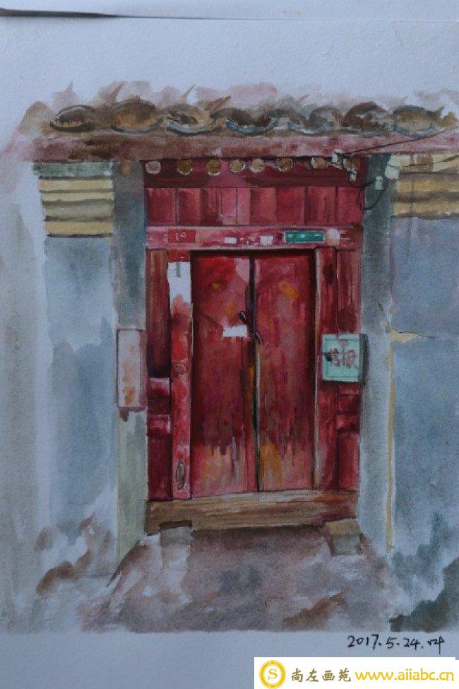 中式传统门楼水彩画图片 传统大红木门手绘教程 传统旧木门怎么画 画法_