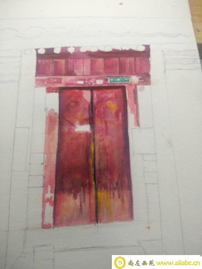 中式传统门楼水彩画图片 传统大红木门手绘教程 传统旧木门怎么画 画法_
