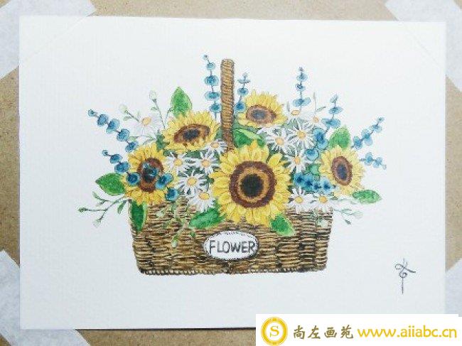 明媚的一篮子向日葵画水彩画图片 向日葵花篮手绘教程 向日葵水彩怎么画 画法_