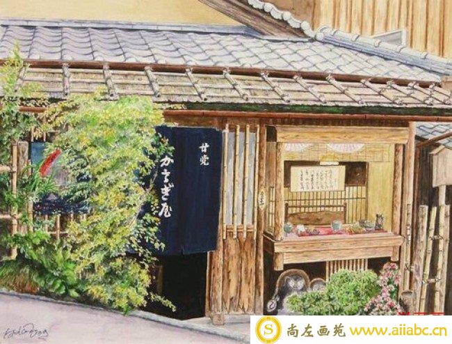 描绘日本小镇街头建筑风景的水彩画 日本插画师Hiroki_