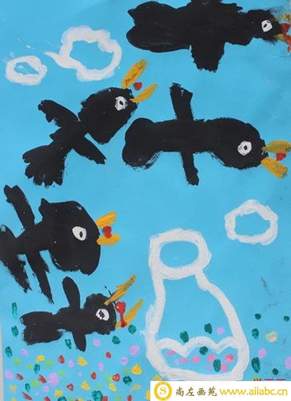 乌鸦喝水儿童画作品欣赏_幼儿故事绘画乌鸦喝水/水粉画图片