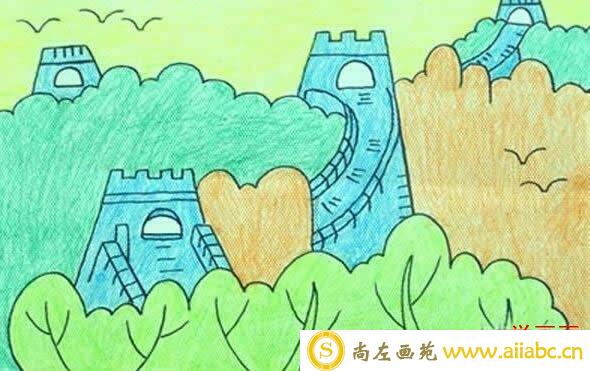 简单少儿中国万里长城儿童画作品/油画棒画图片