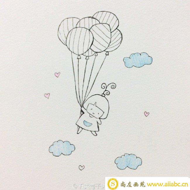 小女孩抓着气球飞翔的简笔画教程 可爱唯美的小女孩和气球的简笔画画法图片_