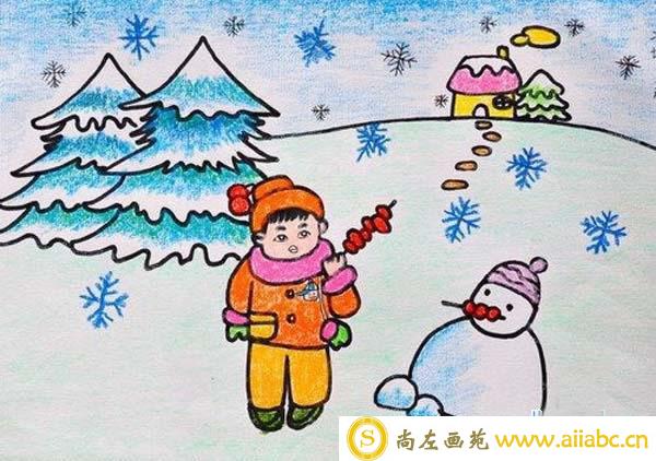 小学生儿童蜡笔画获奖作品欣赏_冬天雪人