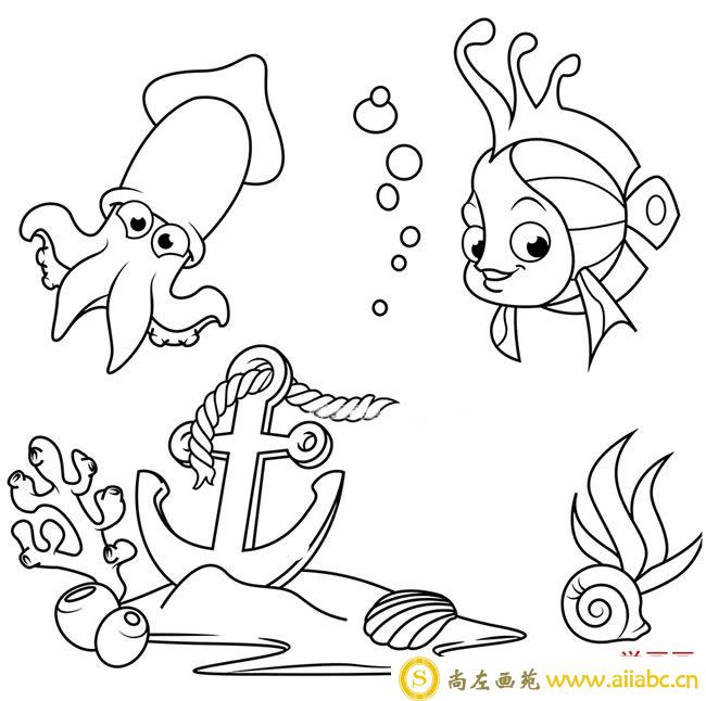 海底世界简笔画之珊瑚鱼和乌贼的简单画法