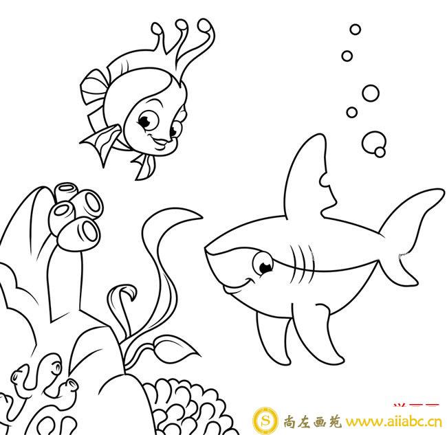 海底世界简笔画之珊瑚鱼和鲨鱼