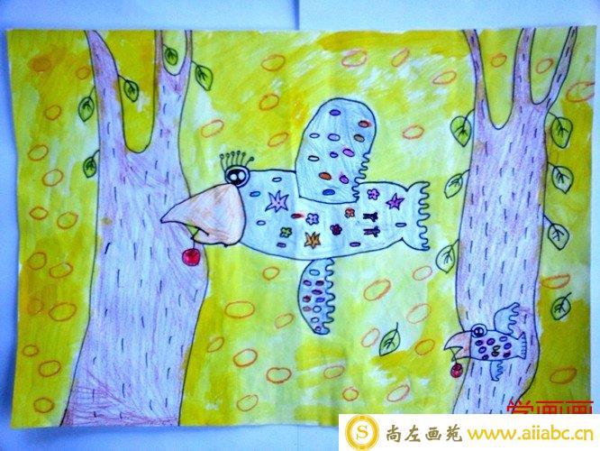 儿童水粉画优秀奖作品：乌鸦归巢，参赛年龄7岁