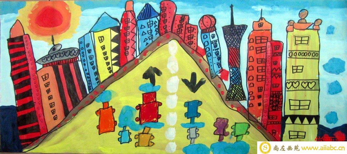 儿童水粉画铜奖作品：现代广州，参赛年龄七岁