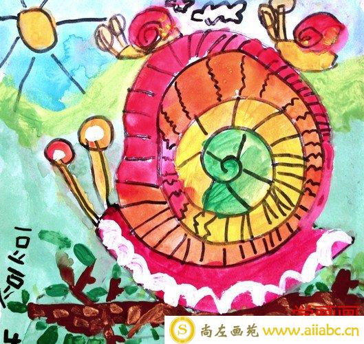 儿童水粉画金奖作品：《蜗牛一家去散步》，参赛年龄4岁