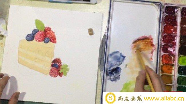 草莓蓝莓巧克力蛋糕水彩画图片手绘教程 巧克力蛋糕怎么画 画法_