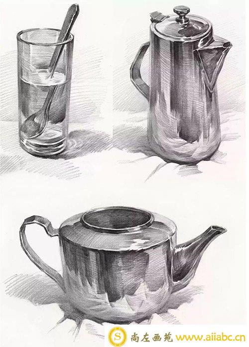 玻璃杯，金属壶、手套、菜椒单体素描静物素描自学临摹图素材