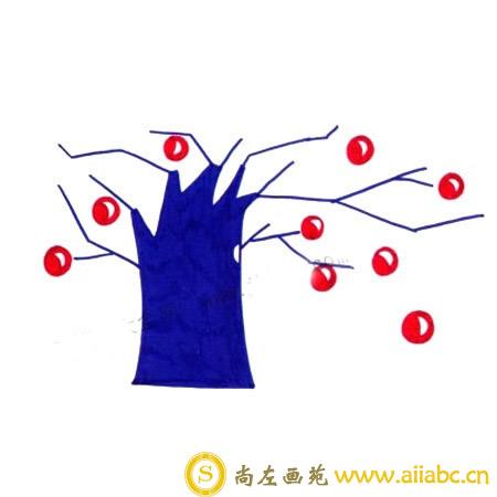 2.为大树加上树枝和果实，并涂色。