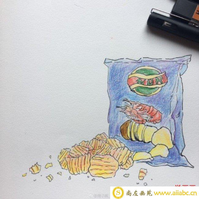 薯片彩铅画图片 简单的薯片简笔画彩铅画手绘教程 薯片怎么画 画法_