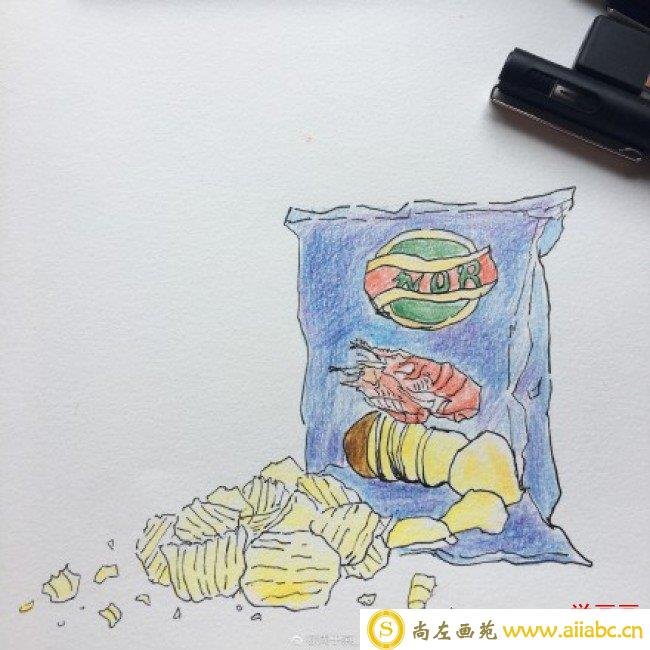 薯片彩铅画图片 简单的薯片简笔画彩铅画手绘教程 薯片怎么画 画法_