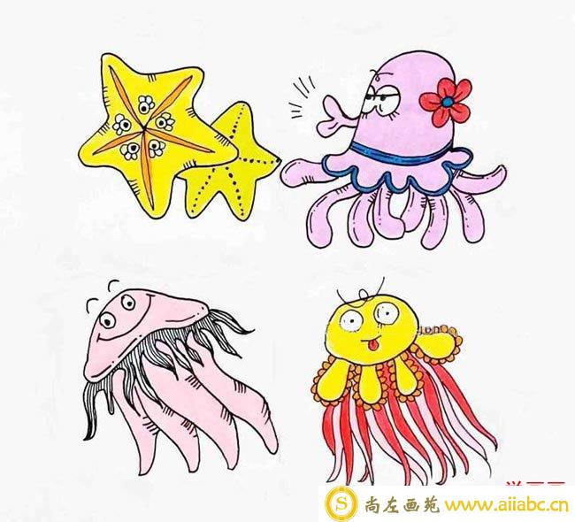 四种卡通海洋生物彩色简笔画图片