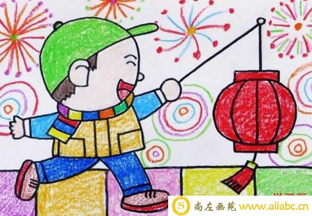 元宵节挑花灯儿童画 快乐的元宵节绘画图片儿童画
