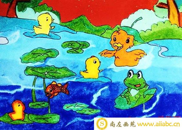 池塘戏水的鸭子儿童画 小鸭子怎么画简单图片