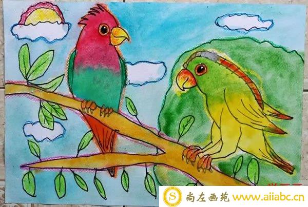 两只鹦鹉儿童画小鸟图片欣赏/水彩画图片