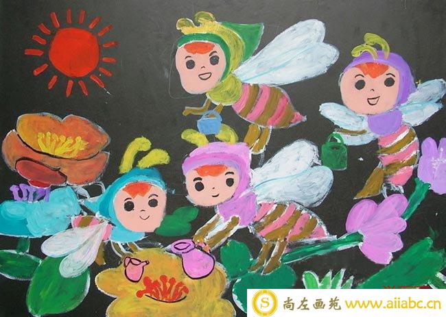 勤劳的小蜜蜂儿童画涂色作品/水粉画图片