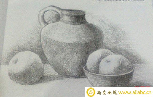 陶瓷罐子与水果组合静物素描的画法 陶瓷质感的画法 比例构图_