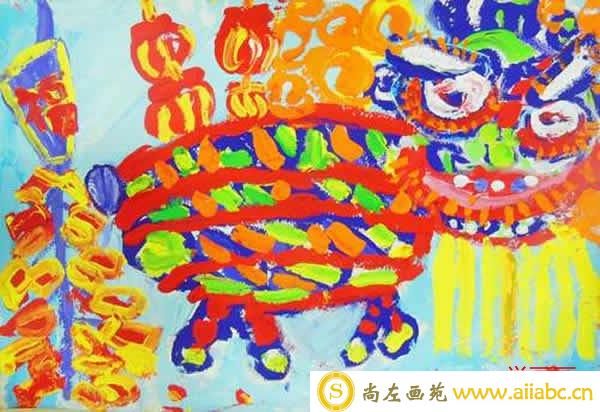 快乐的元宵节舞狮儿童画/水粉画图片