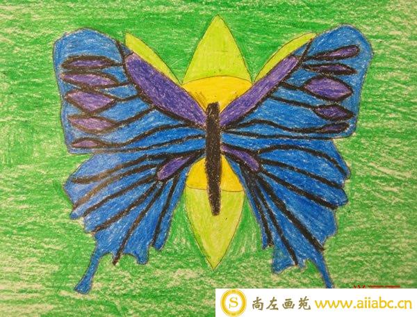 美丽的蓝色蝴蝶儿童画作品/蜡笔画图片