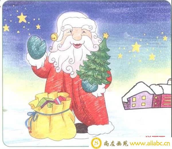 彩色圣诞老人送礼物儿童画/蜡笔画图片