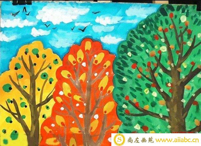 小学生画秋天成熟的果树_儿童画秋天的图画
