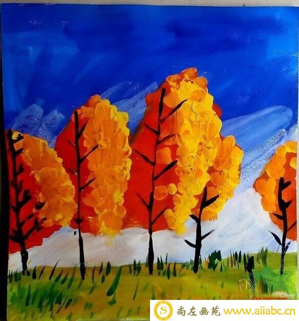 关于秋天的画：儿童画秋天的树图片/水彩画图片