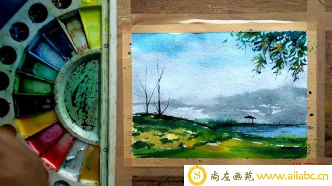 【视频】优美的湖边草地自然风光风景水彩画视频教程手绘画法步骤_